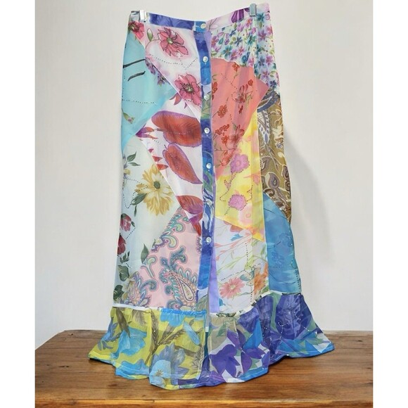 Sacred Threads S Beaded Patchwork Maxi Skirt Boho Pastel Hippie Wearable Art - Picture 1 of 7